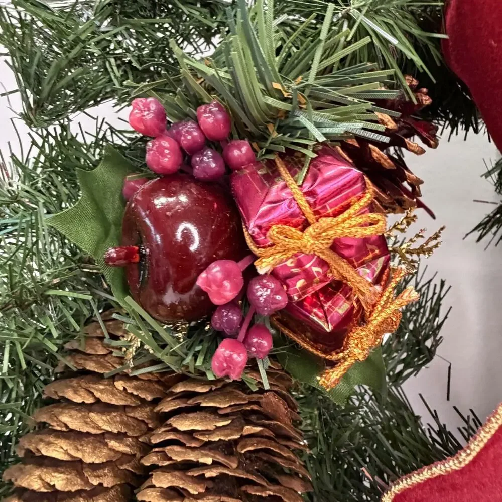 Christmas Wreath Burgundy Velvet Bow Pinecones Apples Berries Holiday Decor